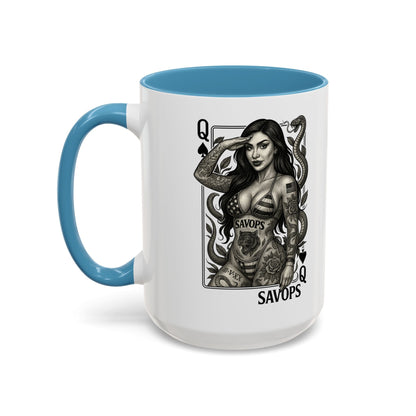 Tattooed Queen of spades Accent Coffee Mug — Savops Pin - Up Art - Savage Operators Tactical Tee | Mug | Savage Operators Clothing | Patriotic Apparel | Military Humor | High Quality 15oz