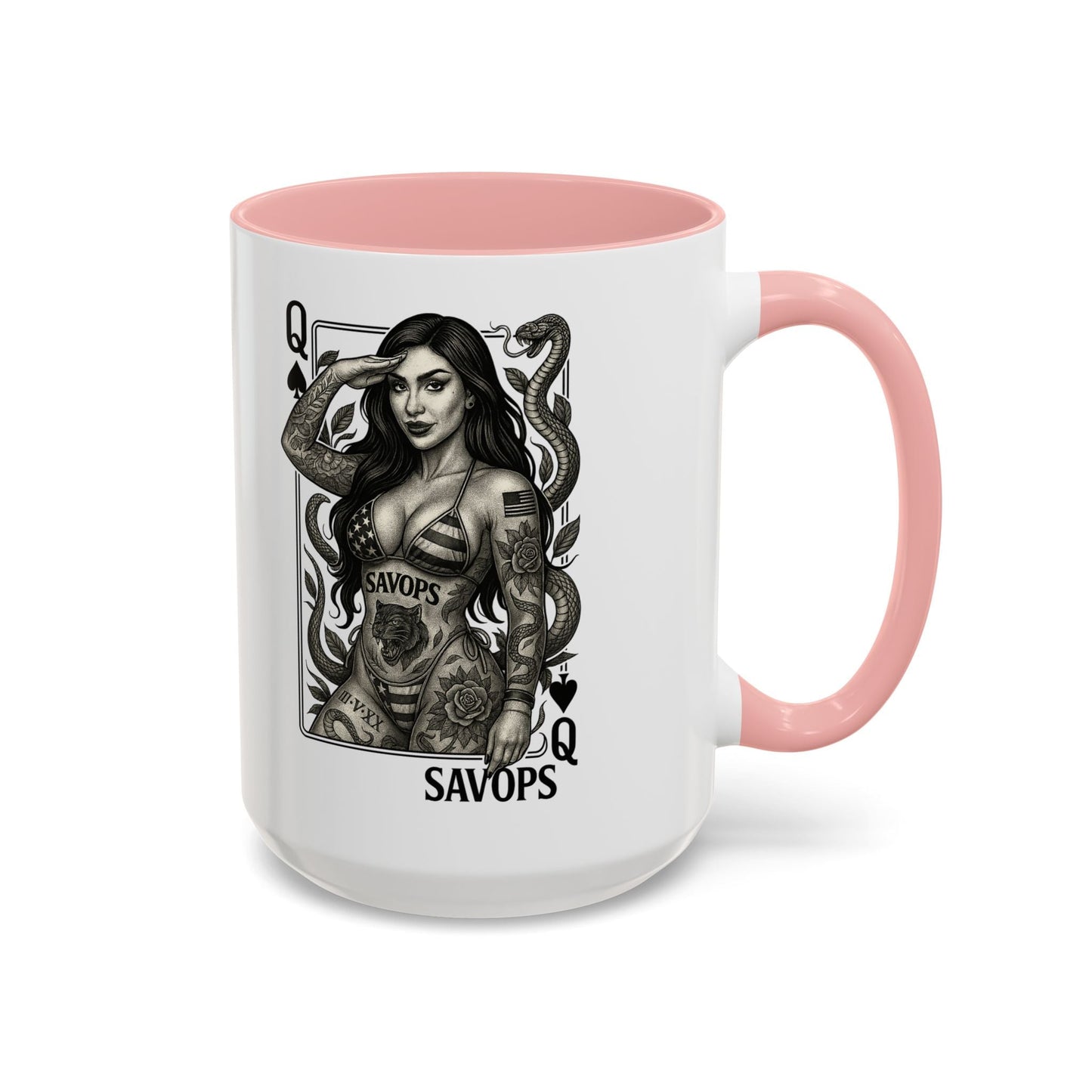 Tattooed Queen of spades Accent Coffee Mug — Savops Pin - Up Art - Savage Operators Tactical Tee | Mug | Savage Operators Clothing | Patriotic Apparel | Military Humor | High Quality 15oz