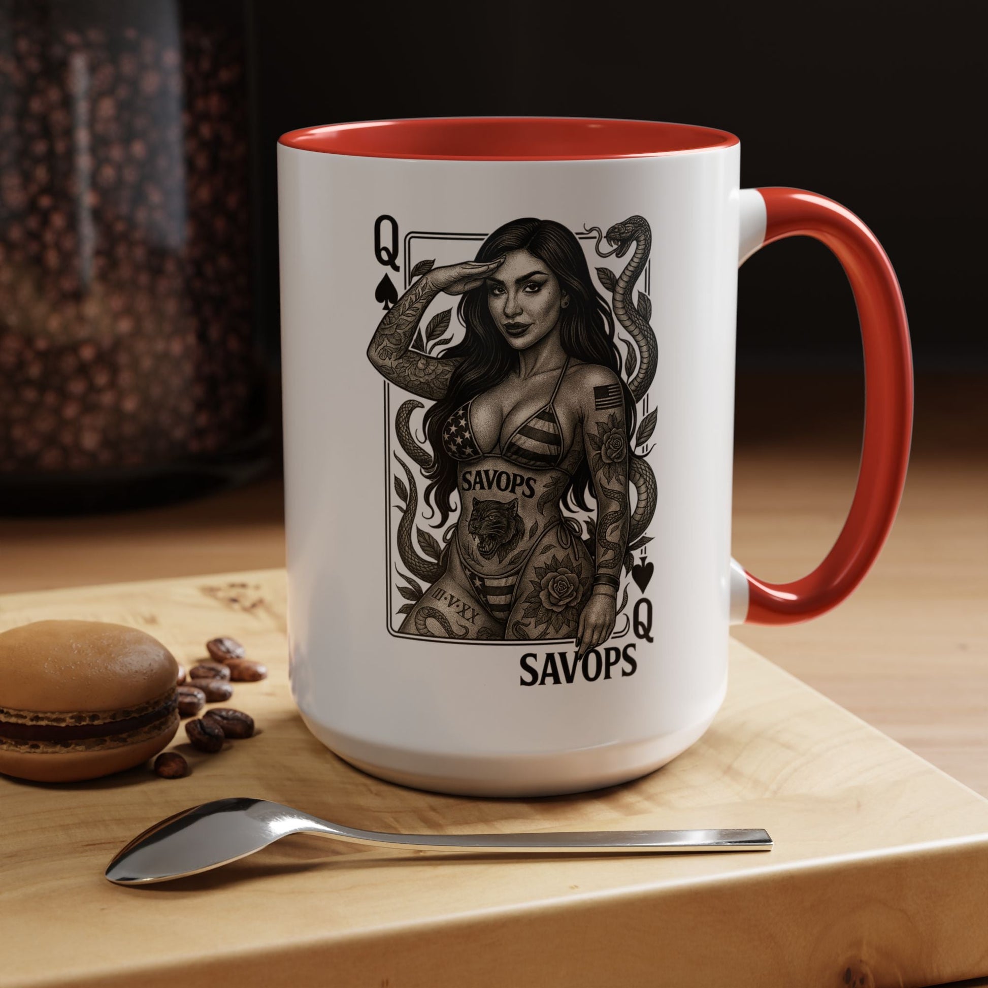 Tattooed Queen of spades Accent Coffee Mug — Savops Pin - Up Art - Savage Operators Tactical Tee | Mug | Savage Operators Clothing | Patriotic Apparel | Military Humor | High Quality 15oz