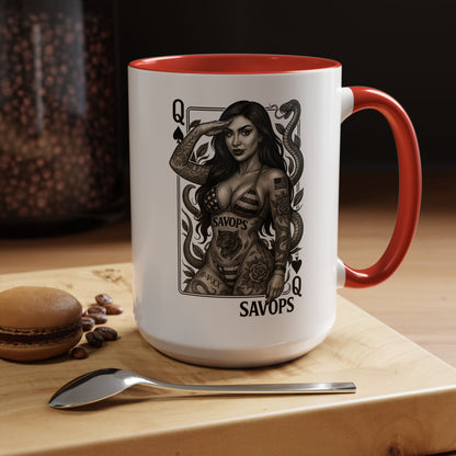 Tattooed Queen of spades Accent Coffee Mug — Savops Pin - Up Art - Savage Operators Tactical Tee | Mug | Savage Operators Clothing | Patriotic Apparel | Military Humor | High Quality 15oz
