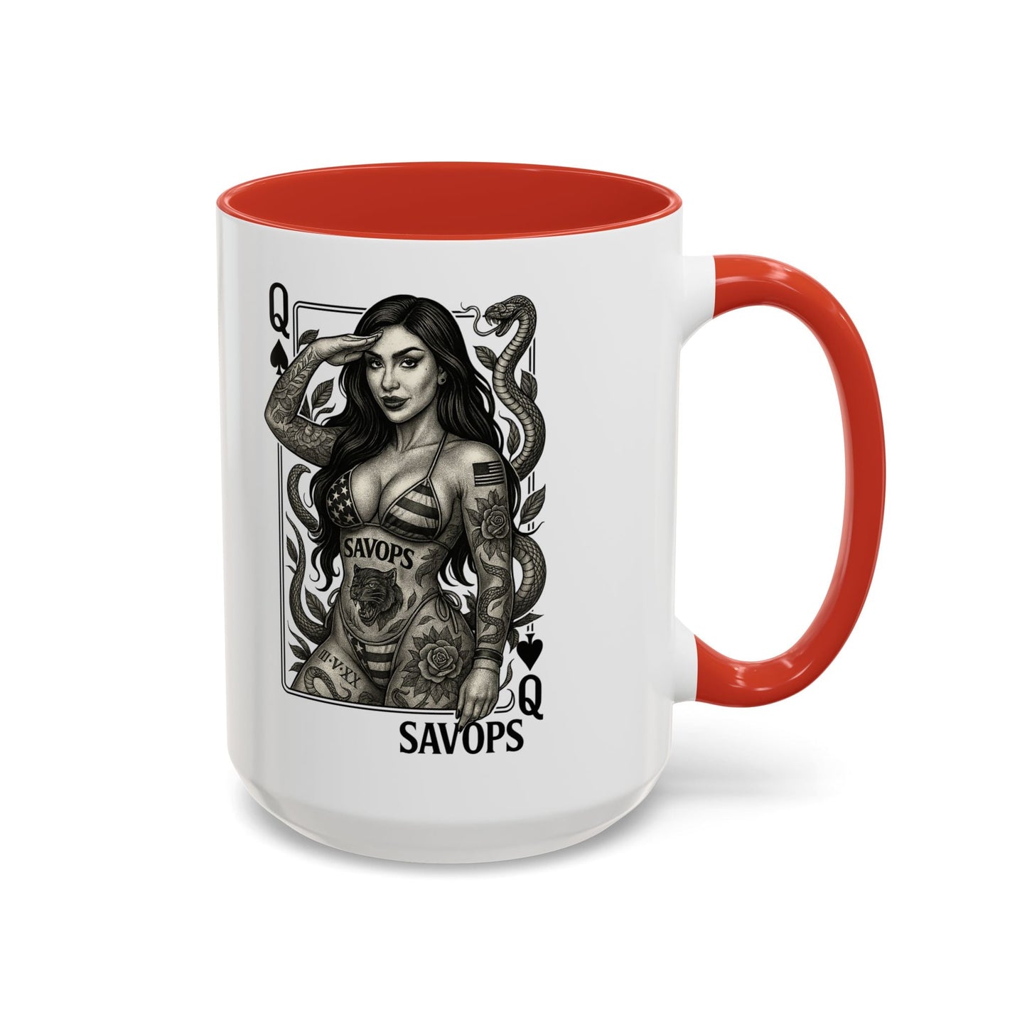 Tattooed Queen of spades Accent Coffee Mug — Savops Pin - Up Art - Savage Operators Tactical Tee | Mug | Savage Operators Clothing | Patriotic Apparel | Military Humor | High Quality 15oz