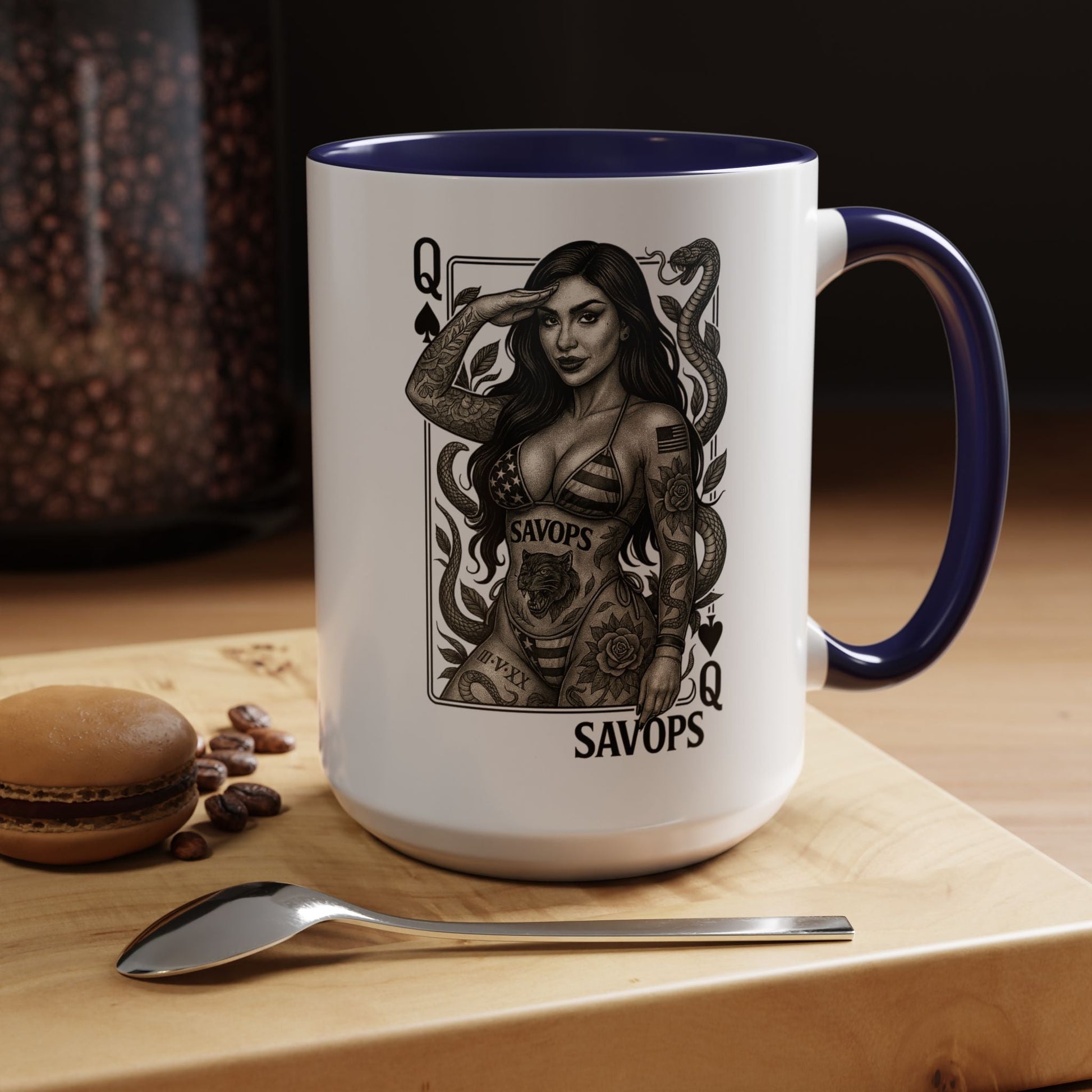 Tattooed Queen of spades Accent Coffee Mug — Savops Pin - Up Art - Savage Operators Tactical Tee | Mug | Savage Operators Clothing | Patriotic Apparel | Military Humor | High Quality 15oz