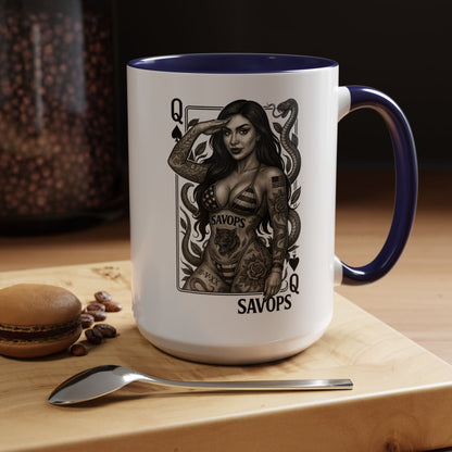Tattooed Queen of spades Accent Coffee Mug — Savops Pin - Up Art - Savage Operators Tactical Tee | Mug | Savage Operators Clothing | Patriotic Apparel | Military Humor | High Quality 15oz