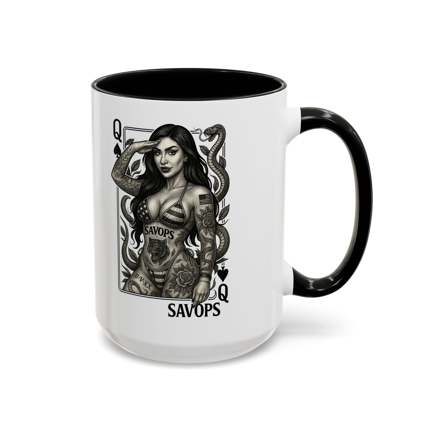 Tattooed Queen of spades Accent Coffee Mug — Savops Pin - Up Art - Savage Operators Tactical Tee | Mug | Savage Operators Clothing | Patriotic Apparel | Military Humor | High Quality 15oz