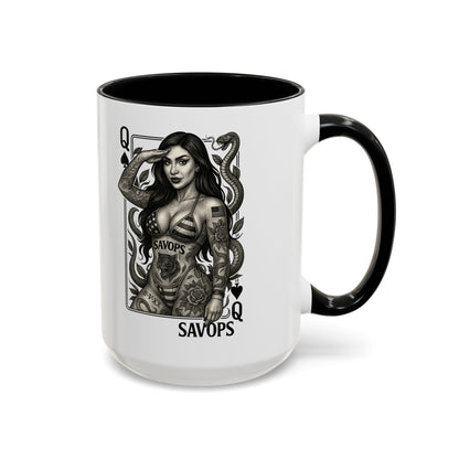 Tattooed Queen of spades Accent Coffee Mug — Savops Pin - Up Art - Savage Operators Tactical Tee | Mug | Savage Operators Clothing | Patriotic Apparel | Military Humor | High Quality 15oz