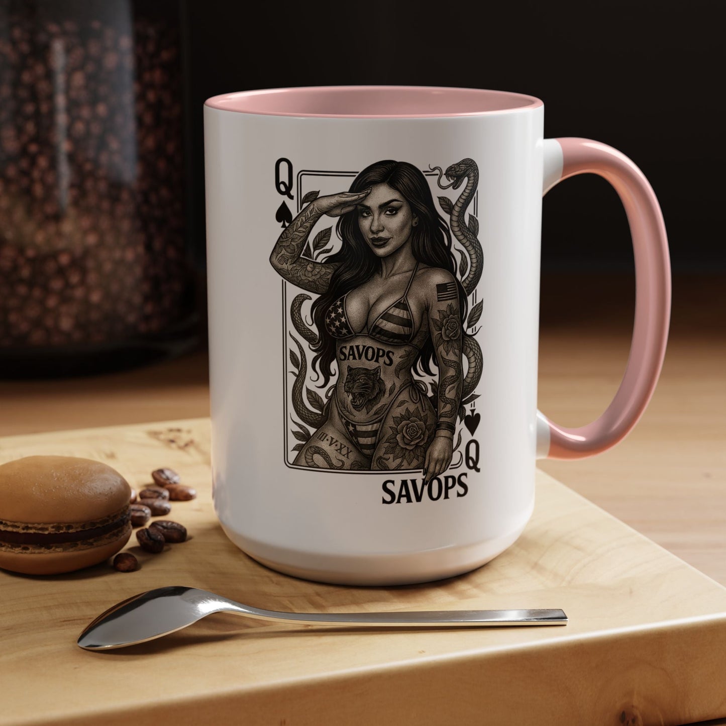Tattooed Queen of spades Accent Coffee Mug — Savops Pin - Up Art - Savage Operators Tactical Tee | Mug | Savage Operators Clothing | Patriotic Apparel | Military Humor | High Quality 15oz