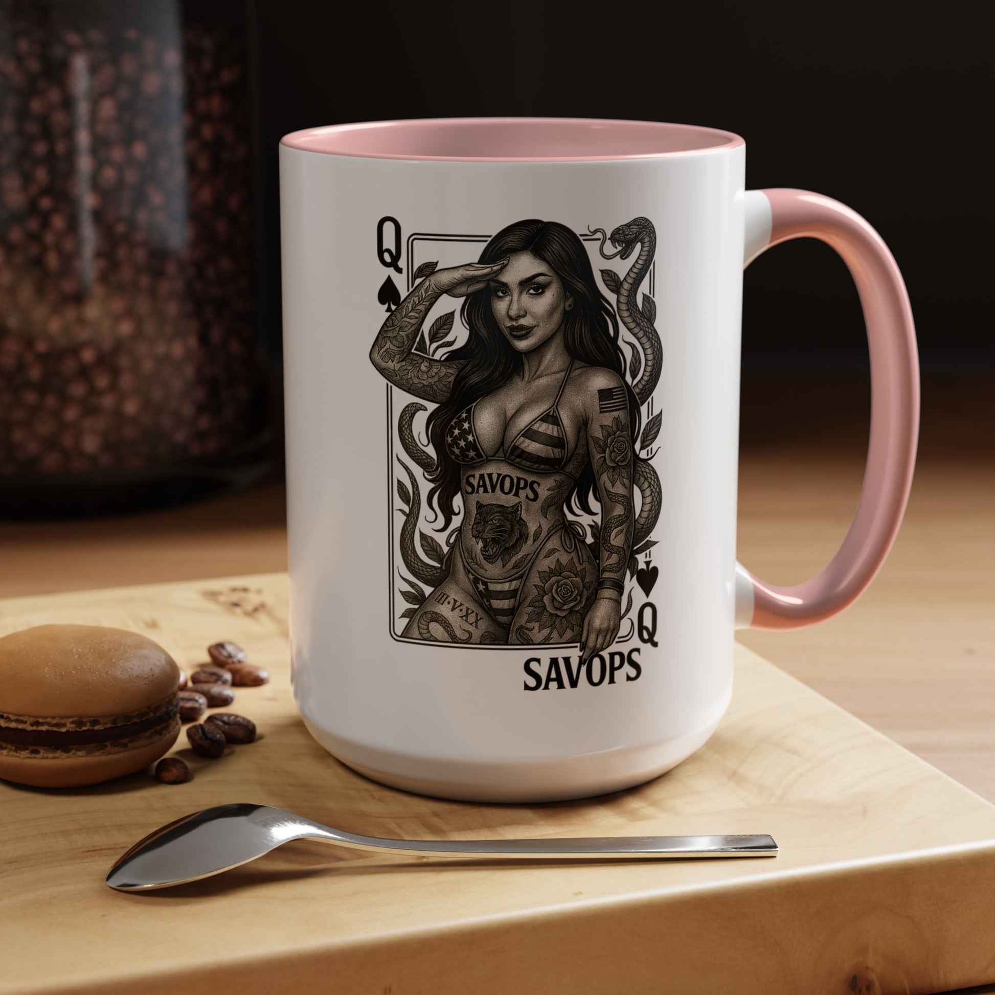 Tattooed Queen of spades Accent Coffee Mug — Savops Pin - Up Art - Savage Operators Tactical Tee | Mug | Savage Operators Clothing | Patriotic Apparel | Military Humor | High Quality 15oz