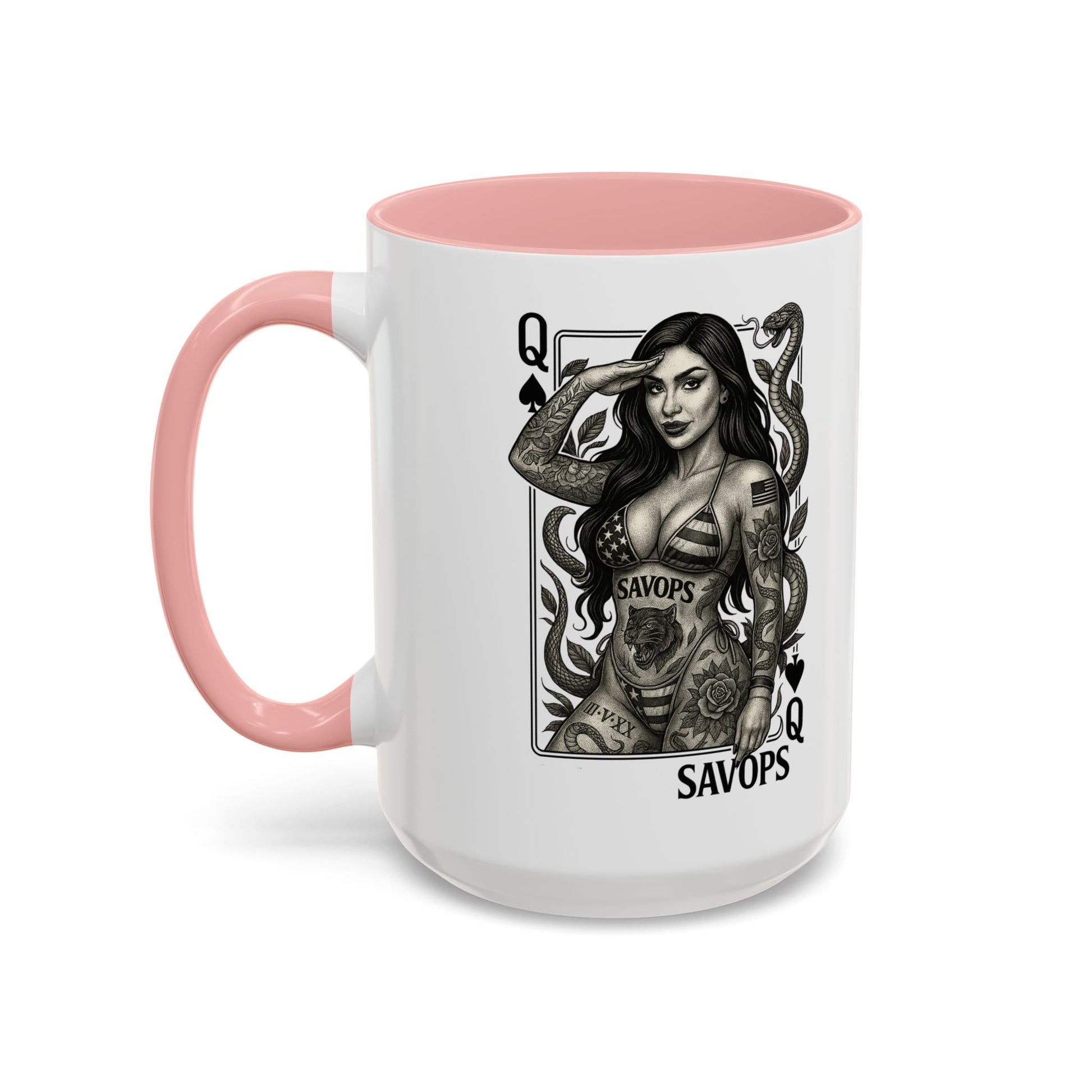 Tattooed Queen of spades Accent Coffee Mug — Savops Pin - Up Art - Savage Operators Tactical Tee | Mug | Savage Operators Clothing | Patriotic Apparel | Military Humor | High Quality 15oz