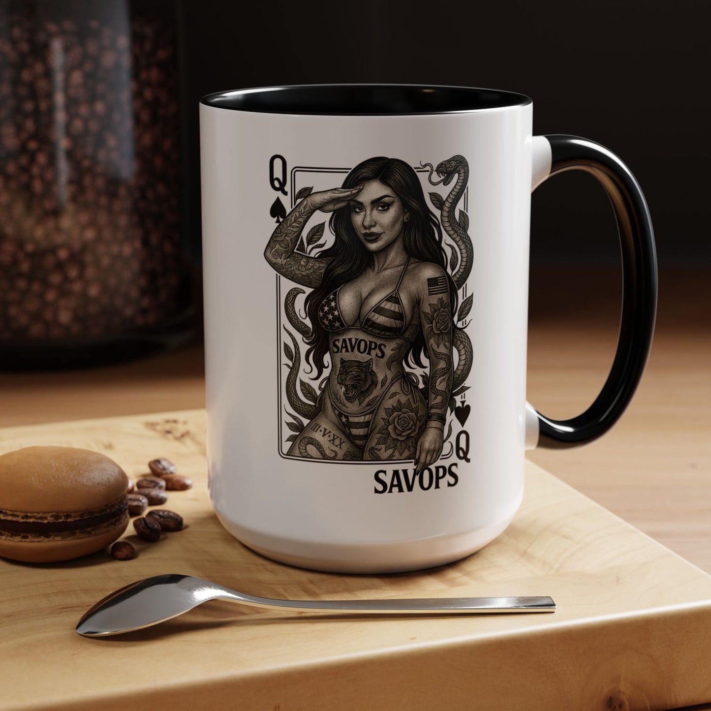 Tattooed Queen of spades Accent Coffee Mug — Savops Pin - Up Art - Savage Operators Tactical Tee | Mug | Savage Operators Clothing | Patriotic Apparel | Military Humor | High Quality 15oz
