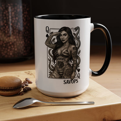 Tattooed Queen of spades Accent Coffee Mug — Savops Pin - Up Art - Savage Operators Tactical Tee | Mug | Savage Operators Clothing | Patriotic Apparel | Military Humor | High Quality 15oz