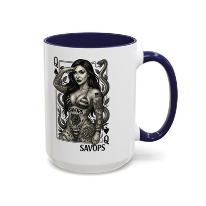 Tattooed Queen of spades Accent Coffee Mug — Savops Pin - Up Art - Savage Operators Tactical Tee | Mug | Savage Operators Clothing | Patriotic Apparel | Military Humor | High Quality 15oz