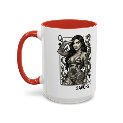 Tattooed Queen of spades Accent Coffee Mug — Savops Pin - Up Art - Savage Operators Tactical Tee | Mug | Savage Operators Clothing | Patriotic Apparel | Military Humor | High Quality 15oz