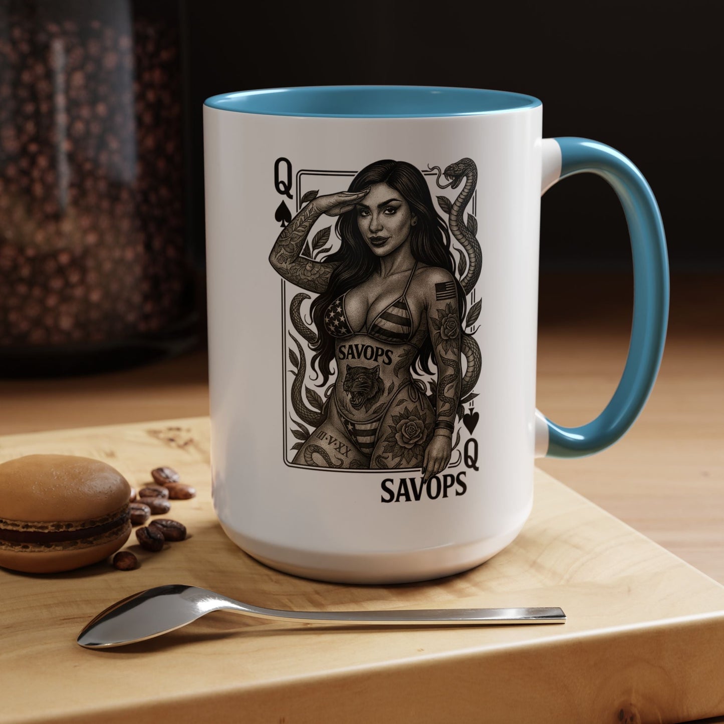 Tattooed Queen of spades Accent Coffee Mug — Savops Pin - Up Art - Savage Operators Tactical Tee | Mug | Savage Operators Clothing | Patriotic Apparel | Military Humor | High Quality 15oz