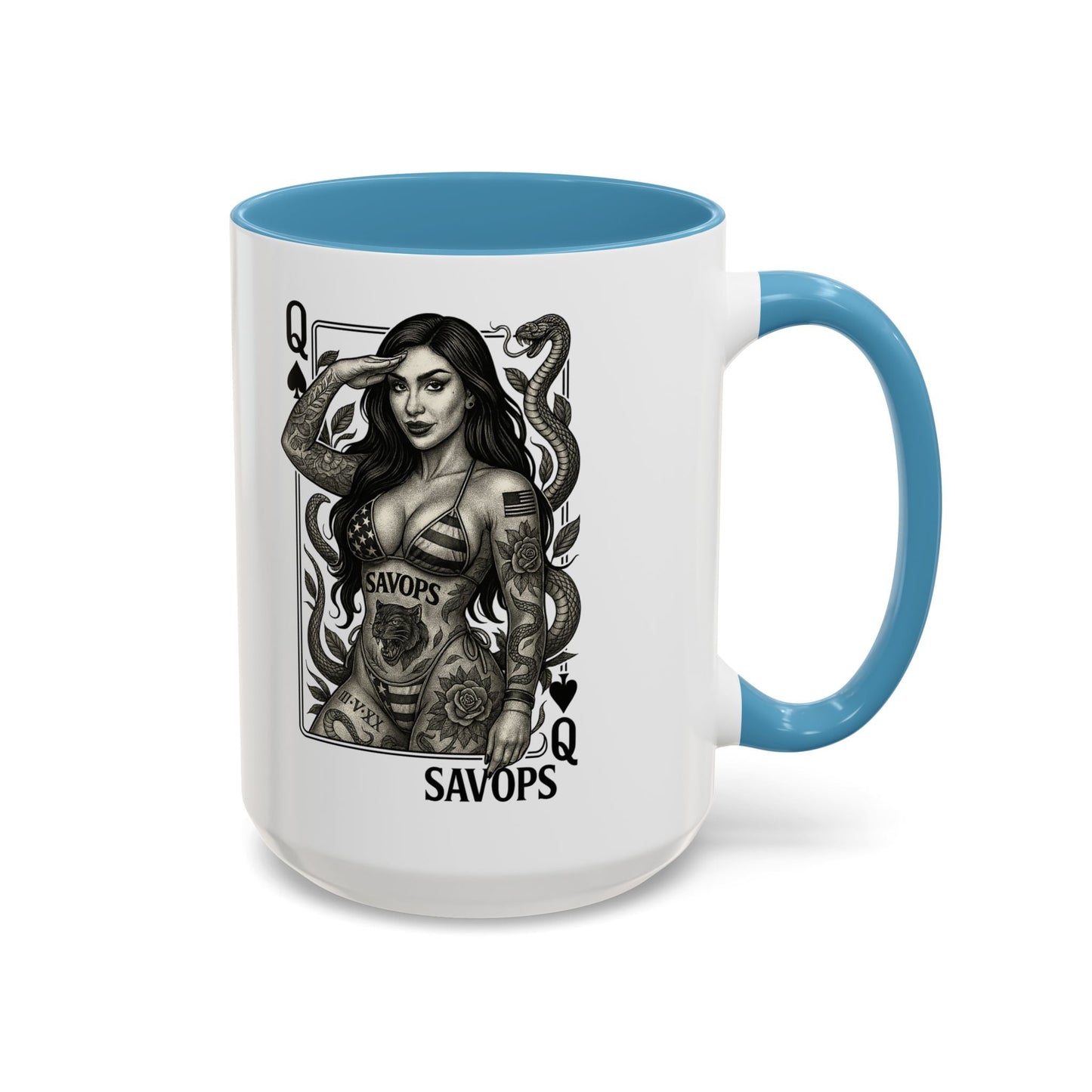 Tattooed Queen of spades Accent Coffee Mug — Savops Pin - Up Art - Savage Operators Tactical Tee | Mug | Savage Operators Clothing | Patriotic Apparel | Military Humor | High Quality 15oz