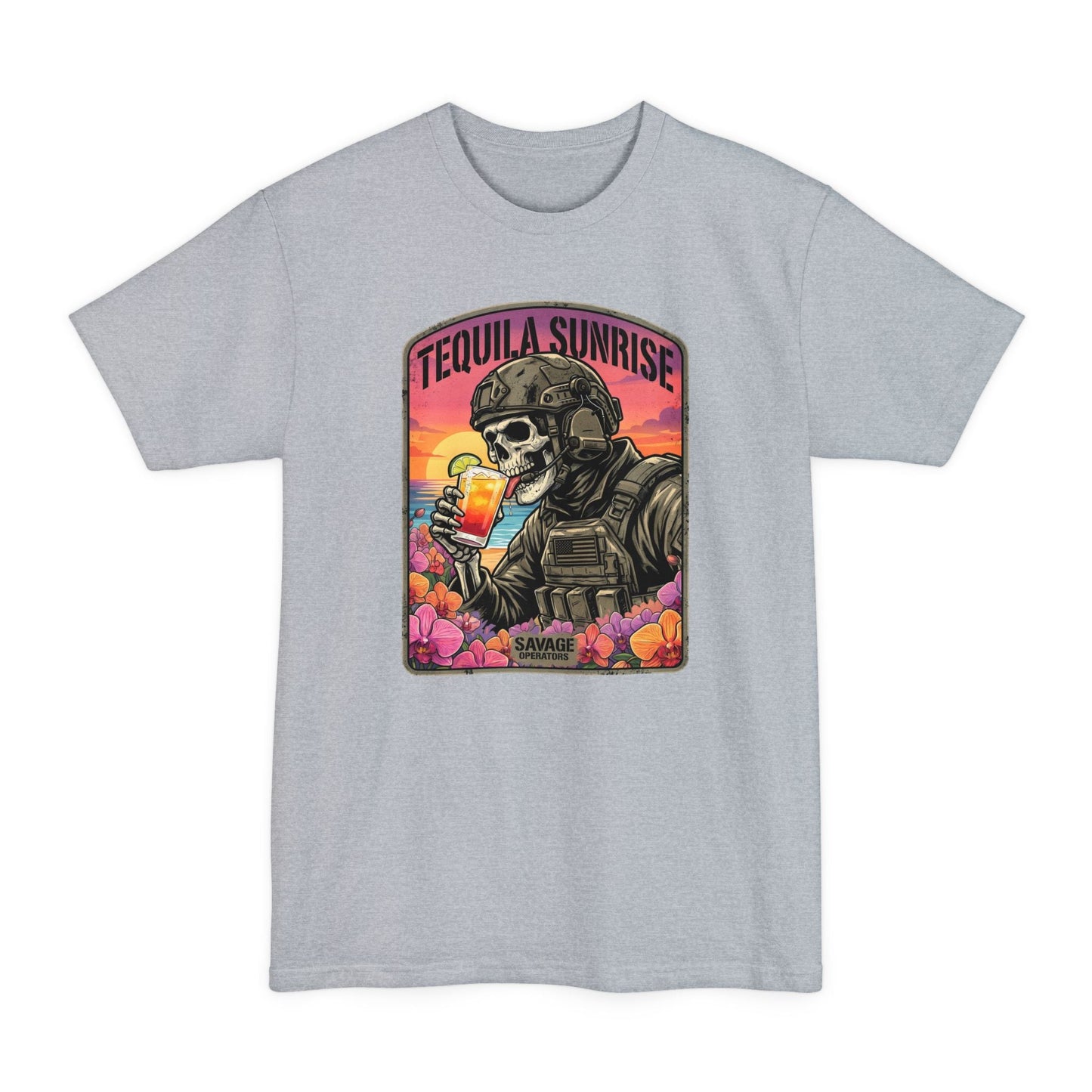 Tequila Sunrise Skull T-Shirt — Retro Soldier Drinking Tee XLT Big & Tall - Savage Operators Tactical Tee | T-Shirt | Savage Operators Clothing | Patriotic Apparel | Military Humor | High Quality Light Steel
