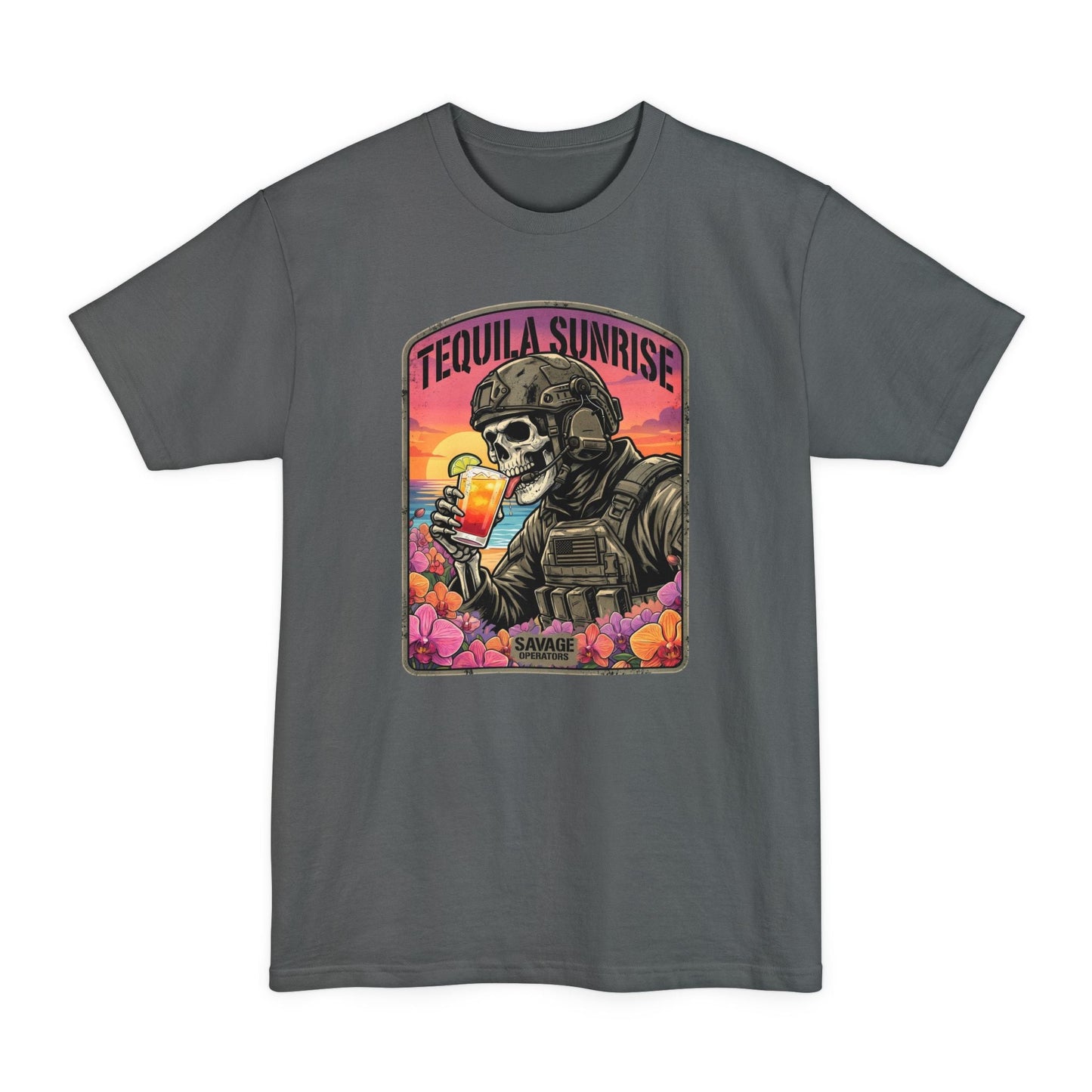 Tequila Sunrise Skull T-Shirt — Retro Soldier Drinking Tee XLT Big & Tall - Savage Operators Tactical Tee | T-Shirt | Savage Operators Clothing | Patriotic Apparel | Military Humor | High Quality Navy