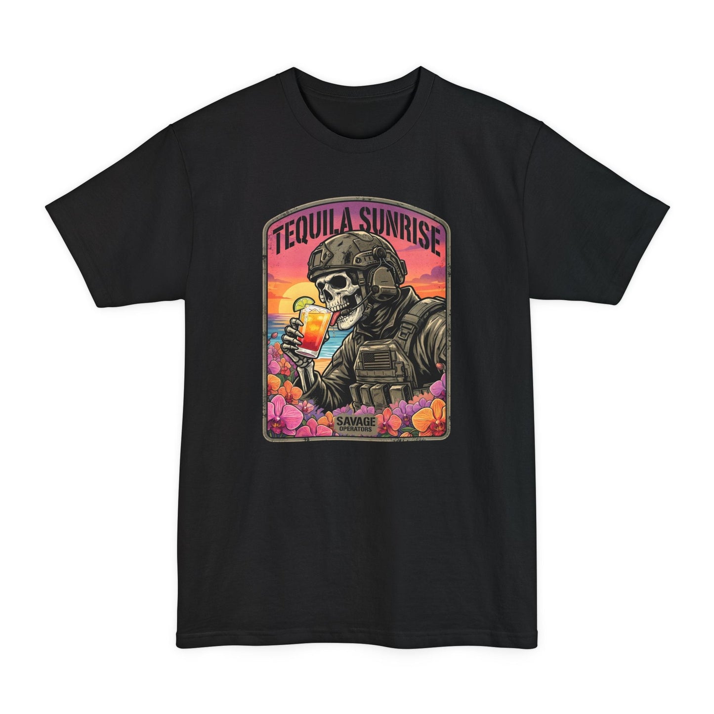 Tequila Sunrise Skull T-Shirt — Retro Soldier Drinking Tee XLT Big & Tall - Savage Operators Tactical Tee | T-Shirt | Savage Operators Clothing | Patriotic Apparel | Military Humor | High Quality Black