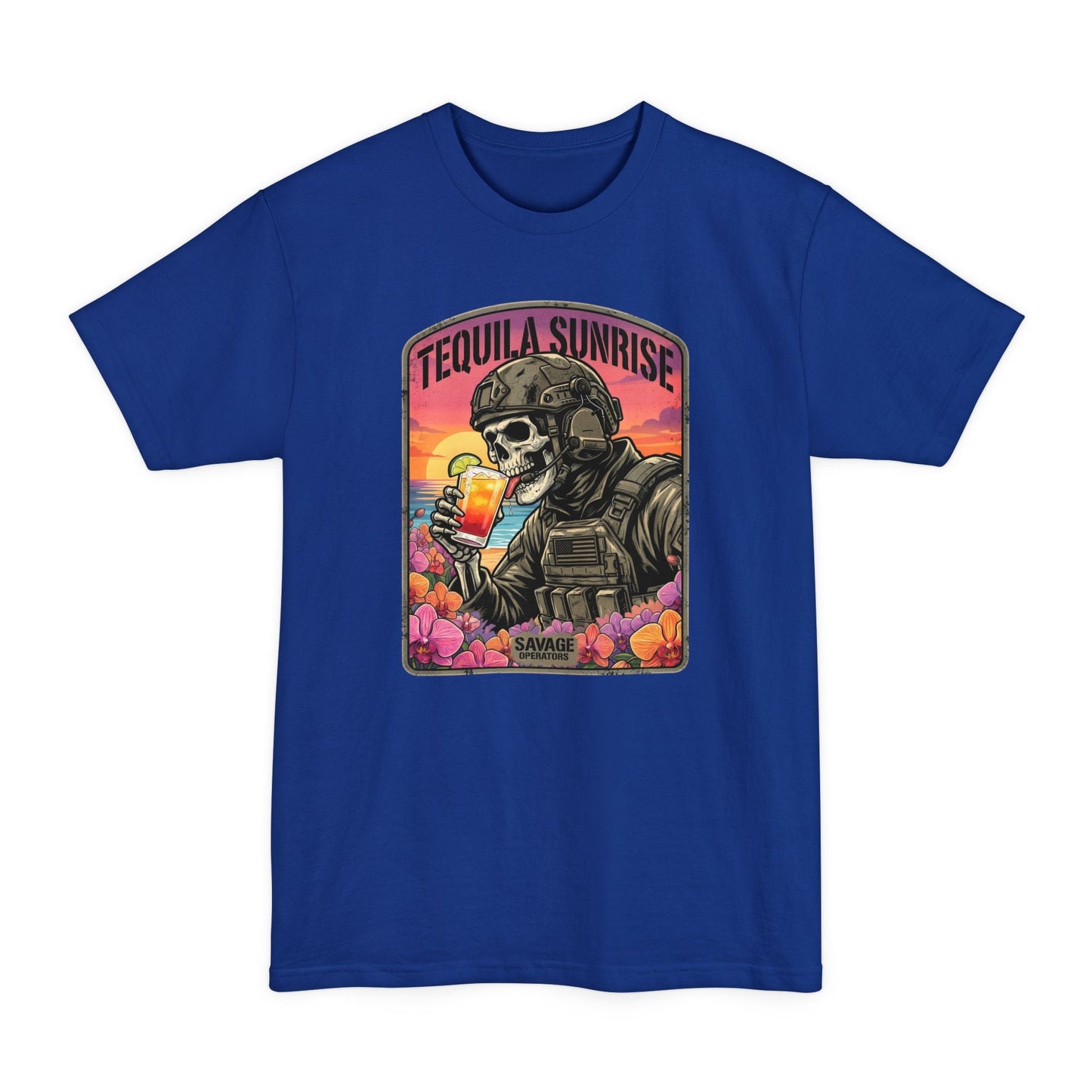 Tequila Sunrise Skull T-Shirt — Retro Soldier Drinking Tee XLT Big & Tall - Savage Operators Tactical Tee | T-Shirt | Savage Operators Clothing | Patriotic Apparel | Military Humor | High Quality Deep Royal