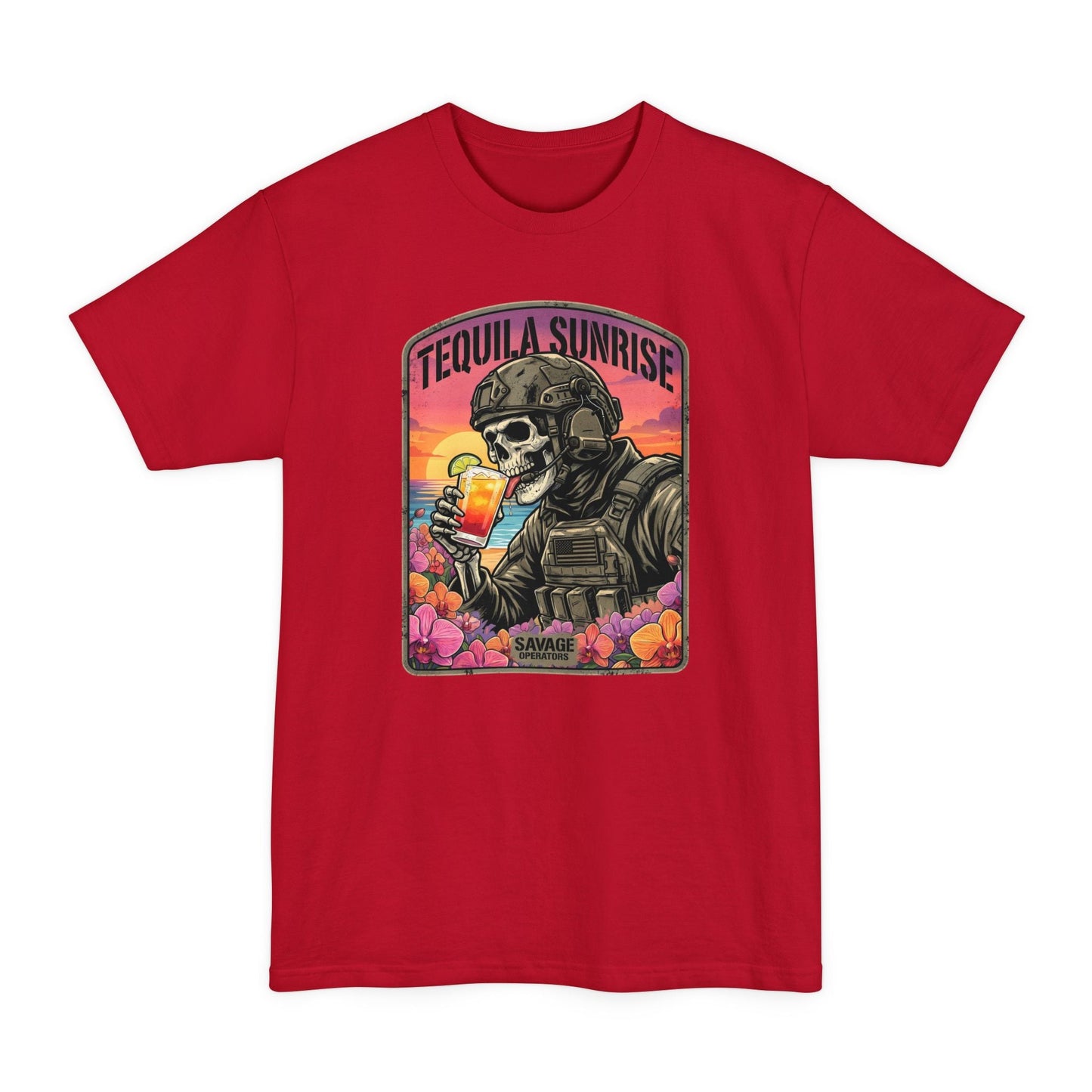 Tequila Sunrise Skull T-Shirt — Retro Soldier Drinking Tee XLT Big & Tall - Savage Operators Tactical Tee | T-Shirt | Savage Operators Clothing | Patriotic Apparel | Military Humor | High Quality Deep Red