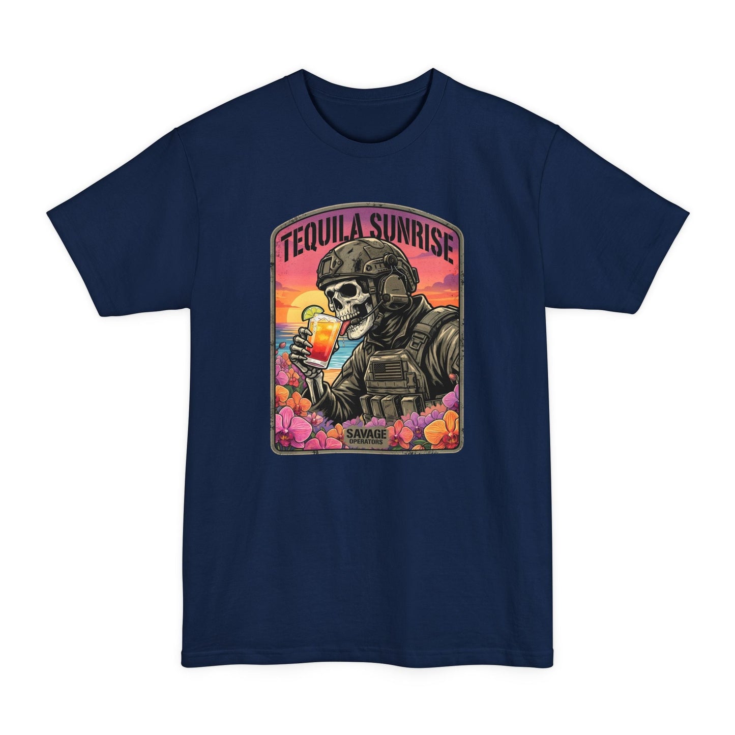 Tequila Sunrise Skull T-Shirt — Retro Soldier Drinking Tee XLT Big & Tall - Savage Operators Tactical Tee | T-Shirt | Savage Operators Clothing | Patriotic Apparel | Military Humor | High Quality Navy