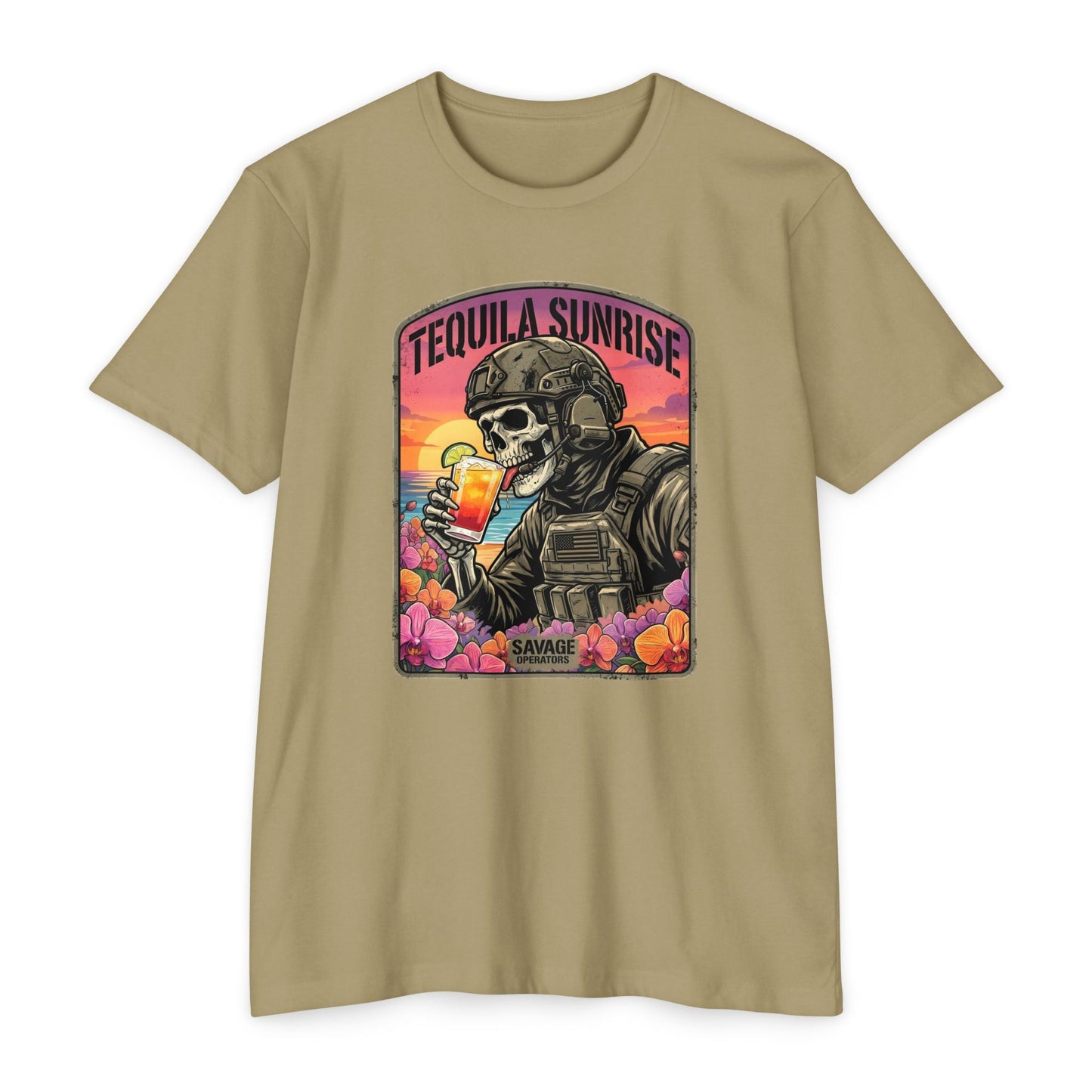 Tequila Sunrise T‑Shirt — Skull Pilot Drinking Cocktail Retro Sunset Graphic - Savage Operators Tactical Tee | T-Shirt | Savage Operators Clothing | Patriotic Apparel | Military Humor | High Quality CVC Light Olive