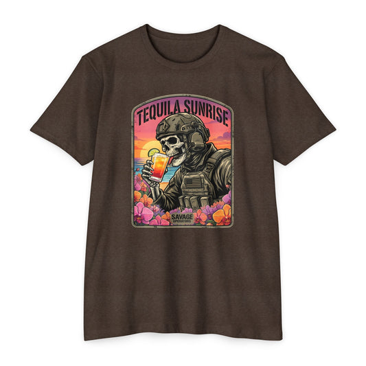 Tequila Sunrise T‑Shirt — Skull Pilot Drinking Cocktail Retro Sunset Graphic - Savage Operators Tactical Tee | T-Shirt | Savage Operators Clothing | Patriotic Apparel | Military Humor | High Quality CVC Espresso