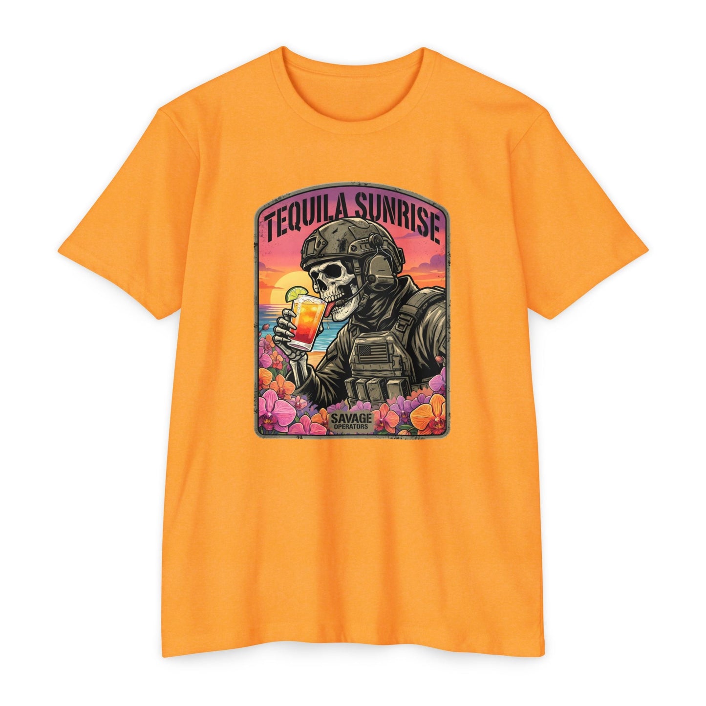 Tequila Sunrise T‑Shirt — Skull Pilot Drinking Cocktail Retro Sunset Graphic - Savage Operators Tactical Tee | T-Shirt | Savage Operators Clothing | Patriotic Apparel | Military Humor | High Quality CVC Orange