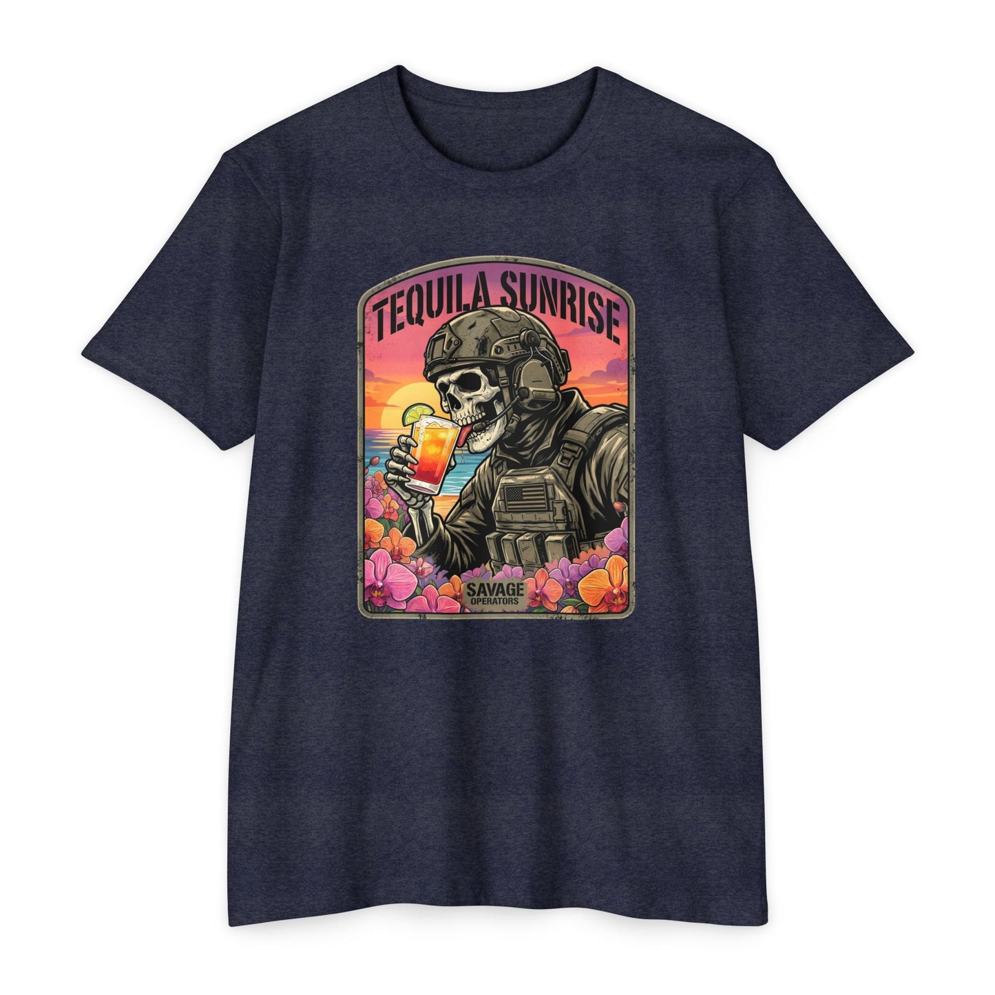 Tequila Sunrise T‑Shirt — Skull Pilot Drinking Cocktail Retro Sunset Graphic - Savage Operators Tactical Tee | T-Shirt | Savage Operators Clothing | Patriotic Apparel | Military Humor | High Quality CVC Midnight Navy