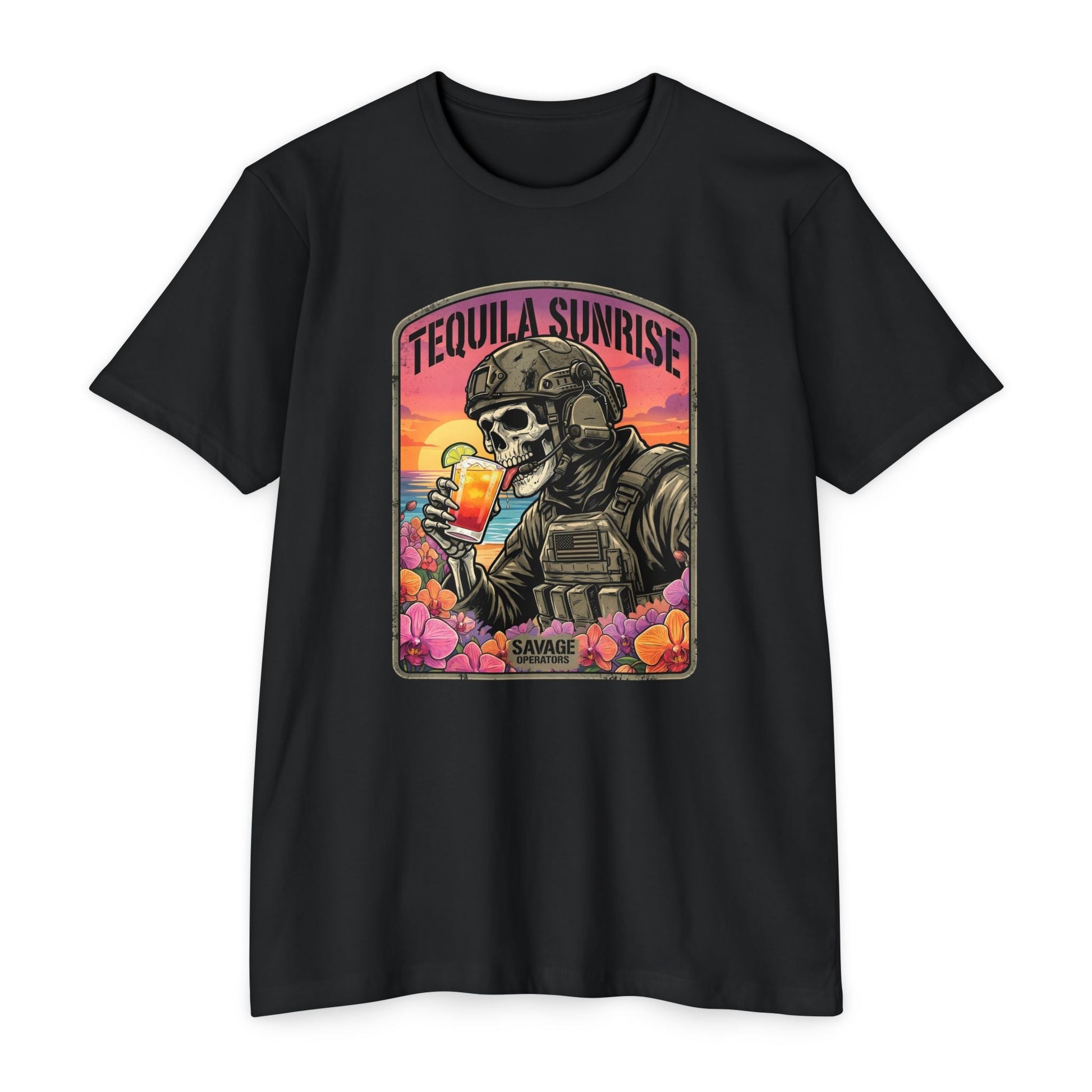 Tequila Sunrise T‑Shirt — Skull Pilot Drinking Cocktail Retro Sunset Graphic - Savage Operators Tactical Tee | T-Shirt | Savage Operators Clothing | Patriotic Apparel | Military Humor | High Quality CVC Black