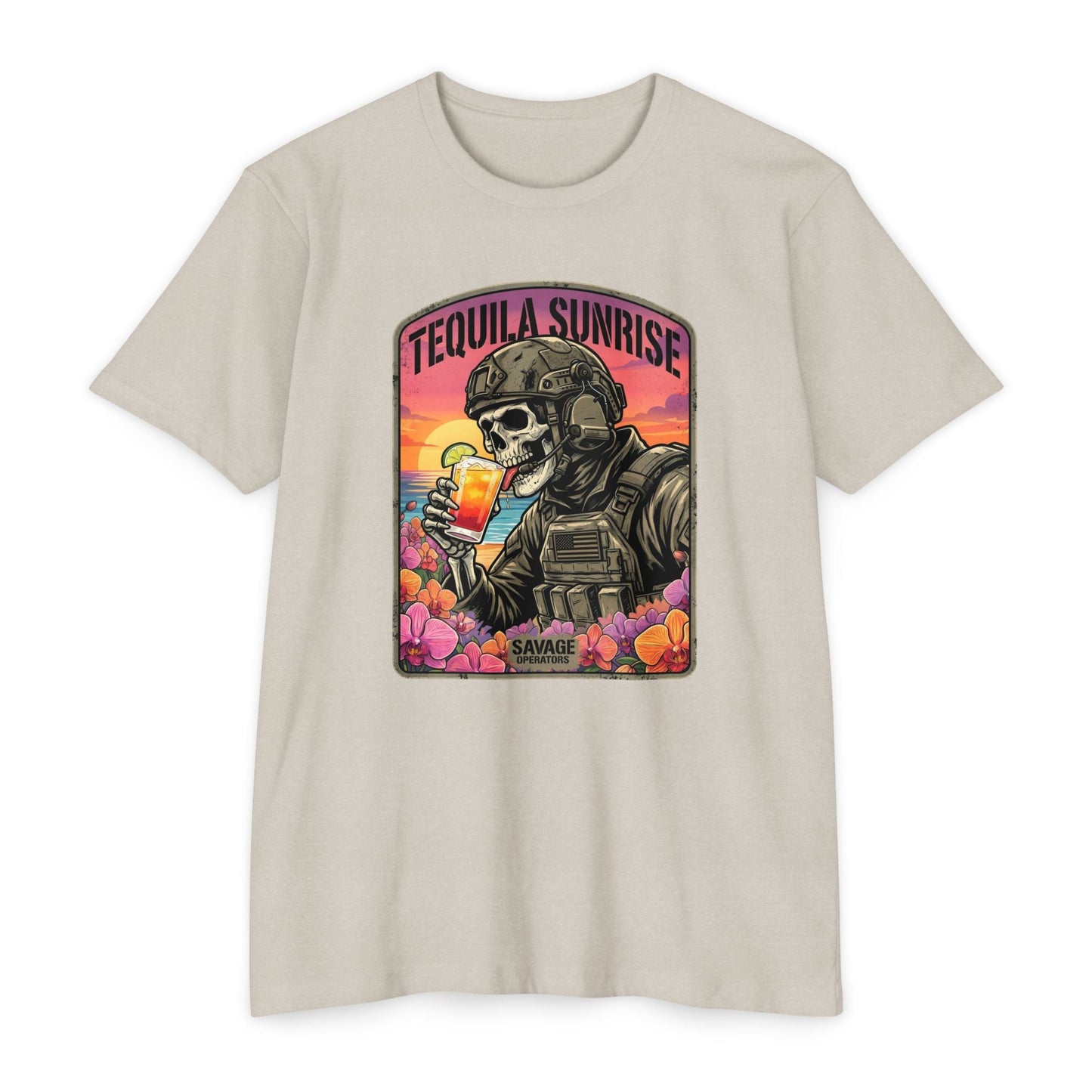 Tequila Sunrise T‑Shirt — Skull Pilot Drinking Cocktail Retro Sunset Graphic - Savage Operators Tactical Tee | T-Shirt | Savage Operators Clothing | Patriotic Apparel | Military Humor | High Quality CVC Sand