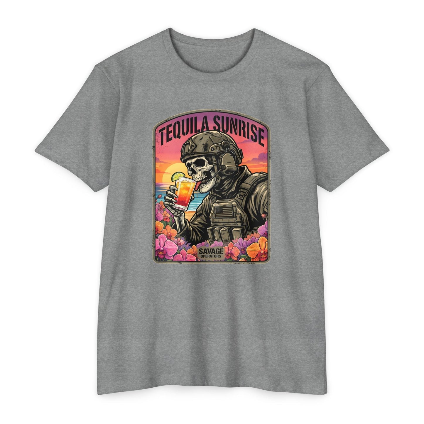 Tequila Sunrise T‑Shirt — Skull Pilot Drinking Cocktail Retro Sunset Graphic - Savage Operators Tactical Tee | T-Shirt | Savage Operators Clothing | Patriotic Apparel | Military Humor | High Quality Dark Heather Grey