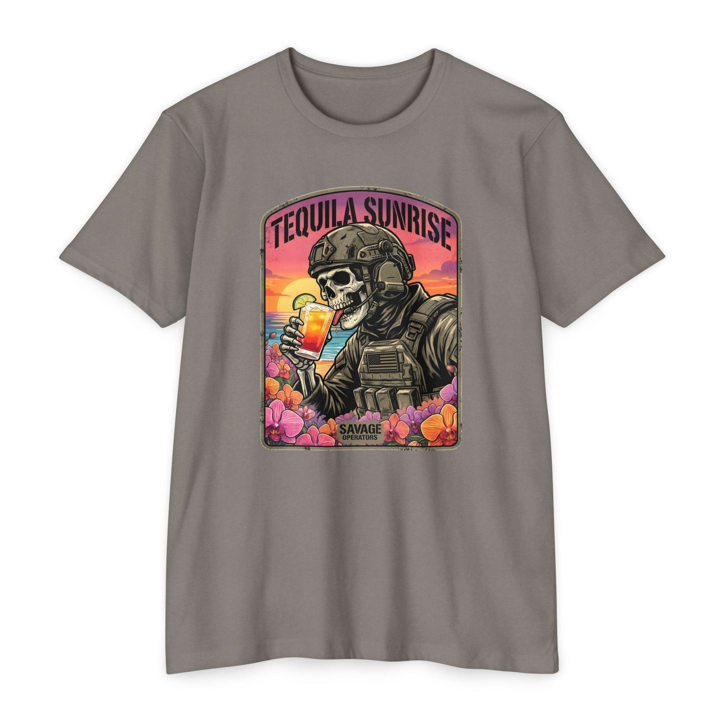 Tequila Sunrise T‑Shirt — Skull Pilot Drinking Cocktail Retro Sunset Graphic - Savage Operators Tactical Tee | T-Shirt | Savage Operators Clothing | Patriotic Apparel | Military Humor | High Quality CVC Stone Gray