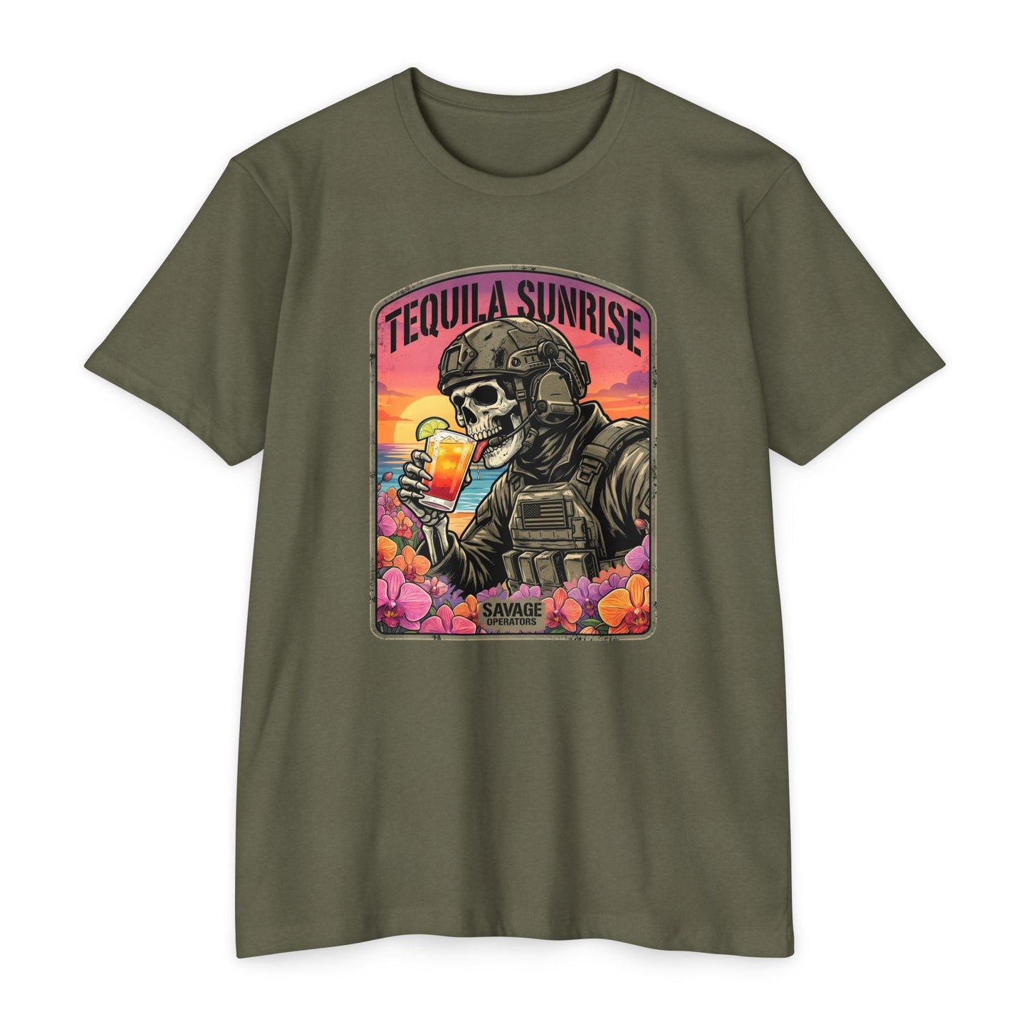 Tequila Sunrise T‑Shirt — Skull Pilot Drinking Cocktail Retro Sunset Graphic - Savage Operators Tactical Tee | T-Shirt | Savage Operators Clothing | Patriotic Apparel | Military Humor | High Quality CVC Military Green