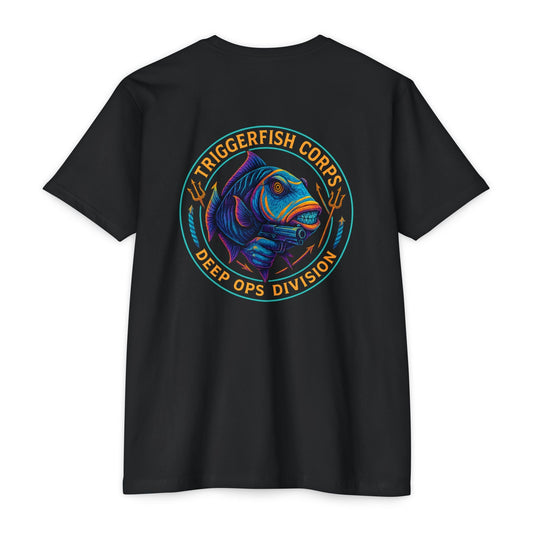 Triggerfish Corps Shirt – Deep Ops Division Tactical Fish - BACK PRINT - Savage Operators Tactical Tee | T-Shirt | Savage Operators Clothing | Patriotic Apparel | Military Humor | High Quality CVC Black