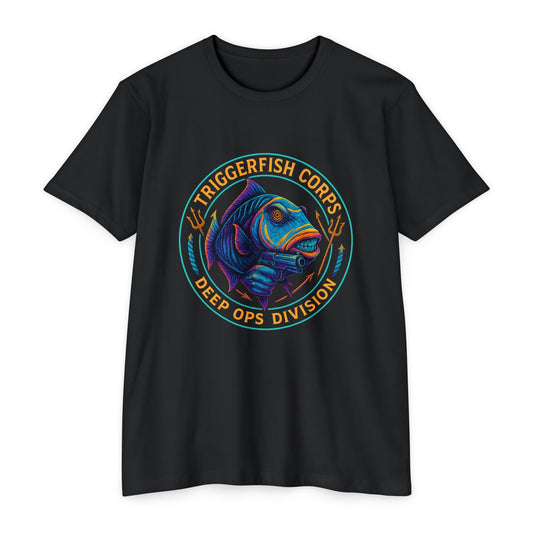 Triggerfish Corps Tactical Fish Shirt – Deep Ops Division Funny Tee - FRONT PRINT - Savage Operators Tactical Tee | T-Shirt | Savage Operators Clothing | Patriotic Apparel | Military Humor | High Quality CVC Black