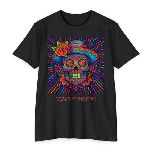 Trippy Sugar Skull Neon Day of the Dead Shirt – FRONT PRINT - Savage Operators Tactical Tee | T-Shirt | Savage Operators Clothing | Patriotic Apparel | Military Humor | High Quality CVC Black