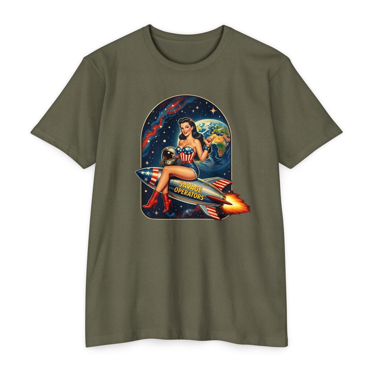 Vintage Space Pin - Up Rocket Shirt | Retro Americana Astronaut Girl Tee | Patriotic Space Art Front Print - Savage Operators Tactical Tee | T-Shirt | Savage Operators Clothing | Patriotic Apparel | Military Humor | High Quality CVC Military Green