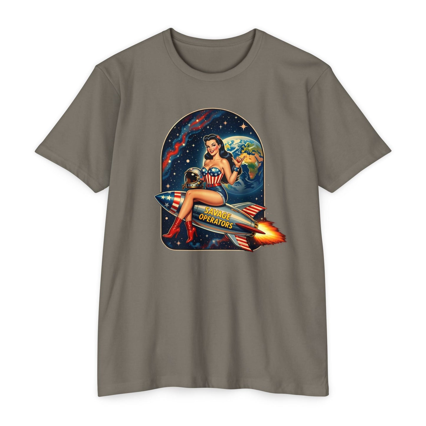 Vintage Space Pin - Up Rocket Shirt | Retro Americana Astronaut Girl Tee | Patriotic Space Art Front Print - Savage Operators Tactical Tee | T-Shirt | Savage Operators Clothing | Patriotic Apparel | Military Humor | High Quality CVC Warm Gray