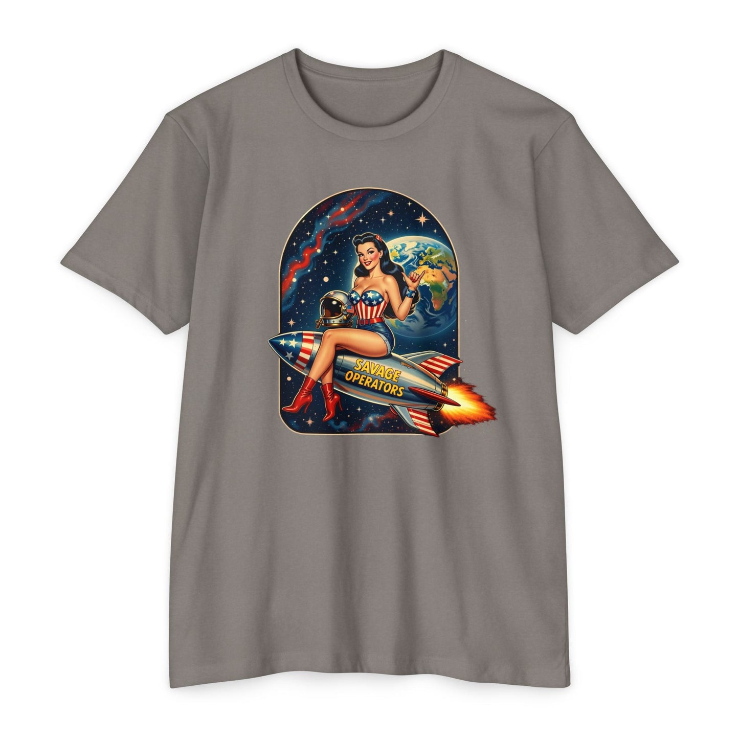 Vintage Space Pin - Up Rocket Shirt | Retro Americana Astronaut Girl Tee | Patriotic Space Art Front Print - Savage Operators Tactical Tee | T-Shirt | Savage Operators Clothing | Patriotic Apparel | Military Humor | High Quality CVC Stone Gray