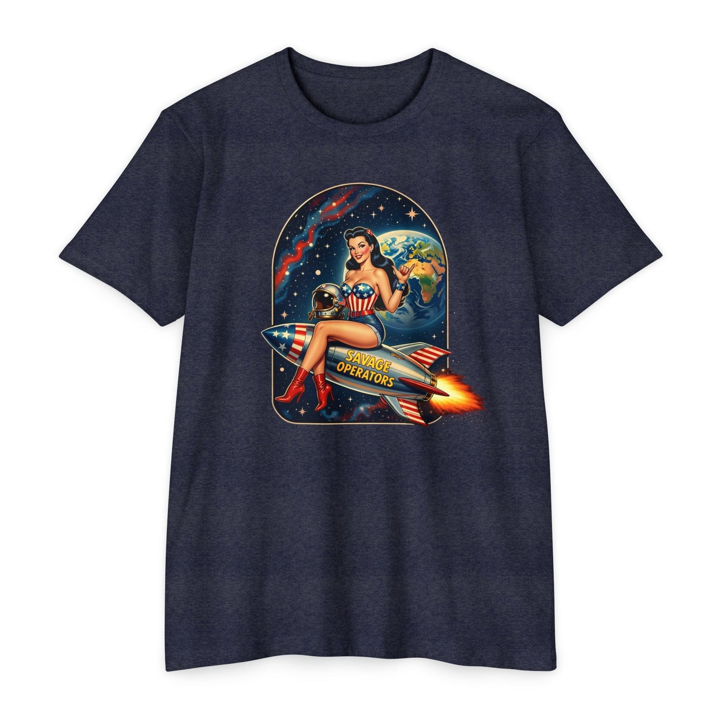 Vintage Space Pin - Up Rocket Shirt | Retro Americana Astronaut Girl Tee | Patriotic Space Art Front Print - Savage Operators Tactical Tee | T-Shirt | Savage Operators Clothing | Patriotic Apparel | Military Humor | High Quality CVC Midnight Navy