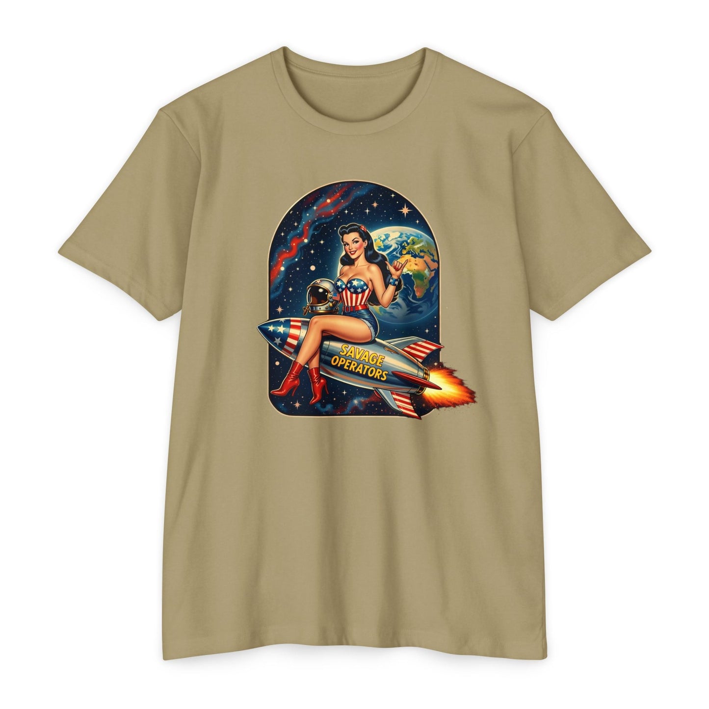 Vintage Space Pin - Up Rocket Shirt | Retro Americana Astronaut Girl Tee | Patriotic Space Art Front Print - Savage Operators Tactical Tee | T-Shirt | Savage Operators Clothing | Patriotic Apparel | Military Humor | High Quality CVC Light Olive