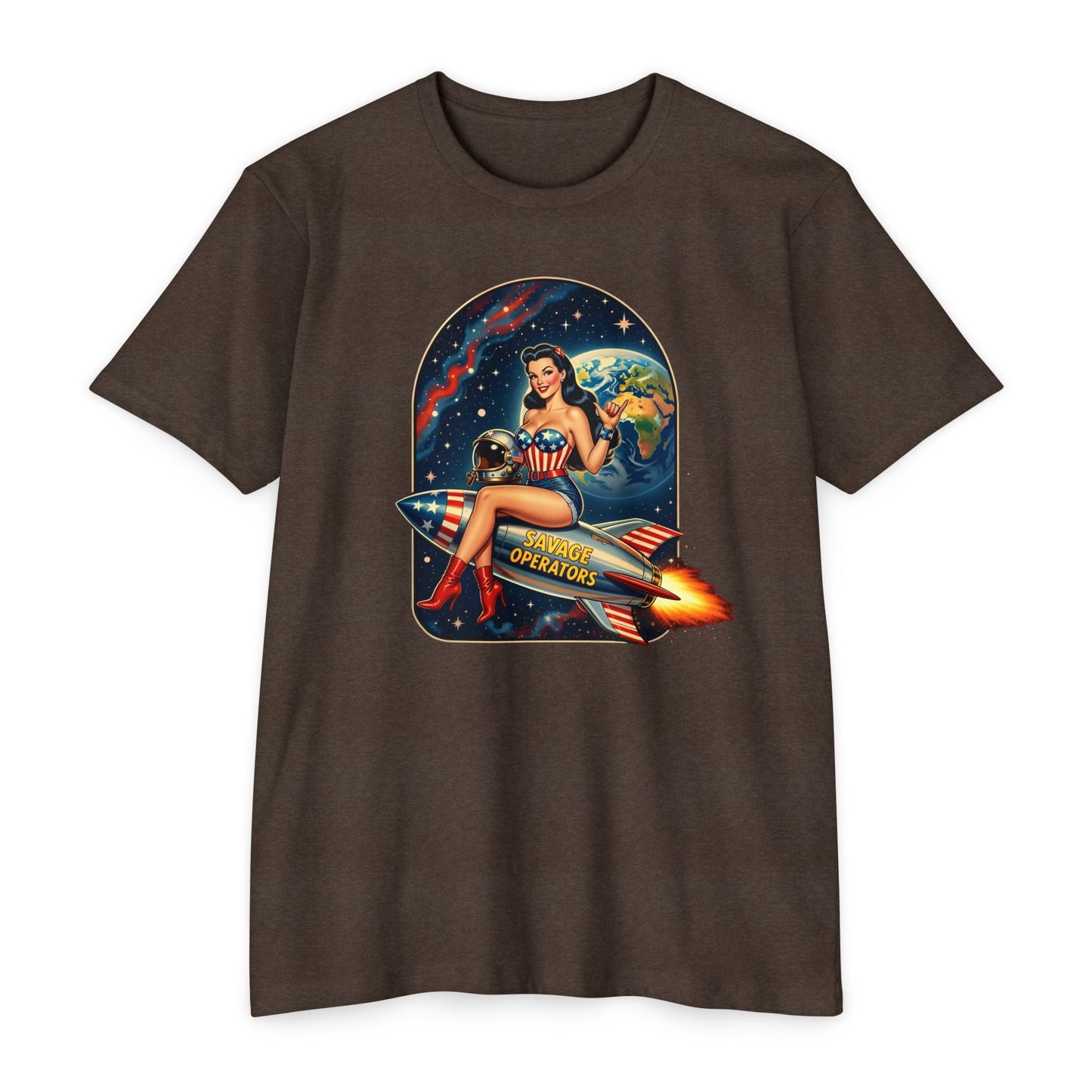 Vintage Space Pin - Up Rocket Shirt | Retro Americana Astronaut Girl Tee | Patriotic Space Art Front Print - Savage Operators Tactical Tee | T-Shirt | Savage Operators Clothing | Patriotic Apparel | Military Humor | High Quality CVC Espresso