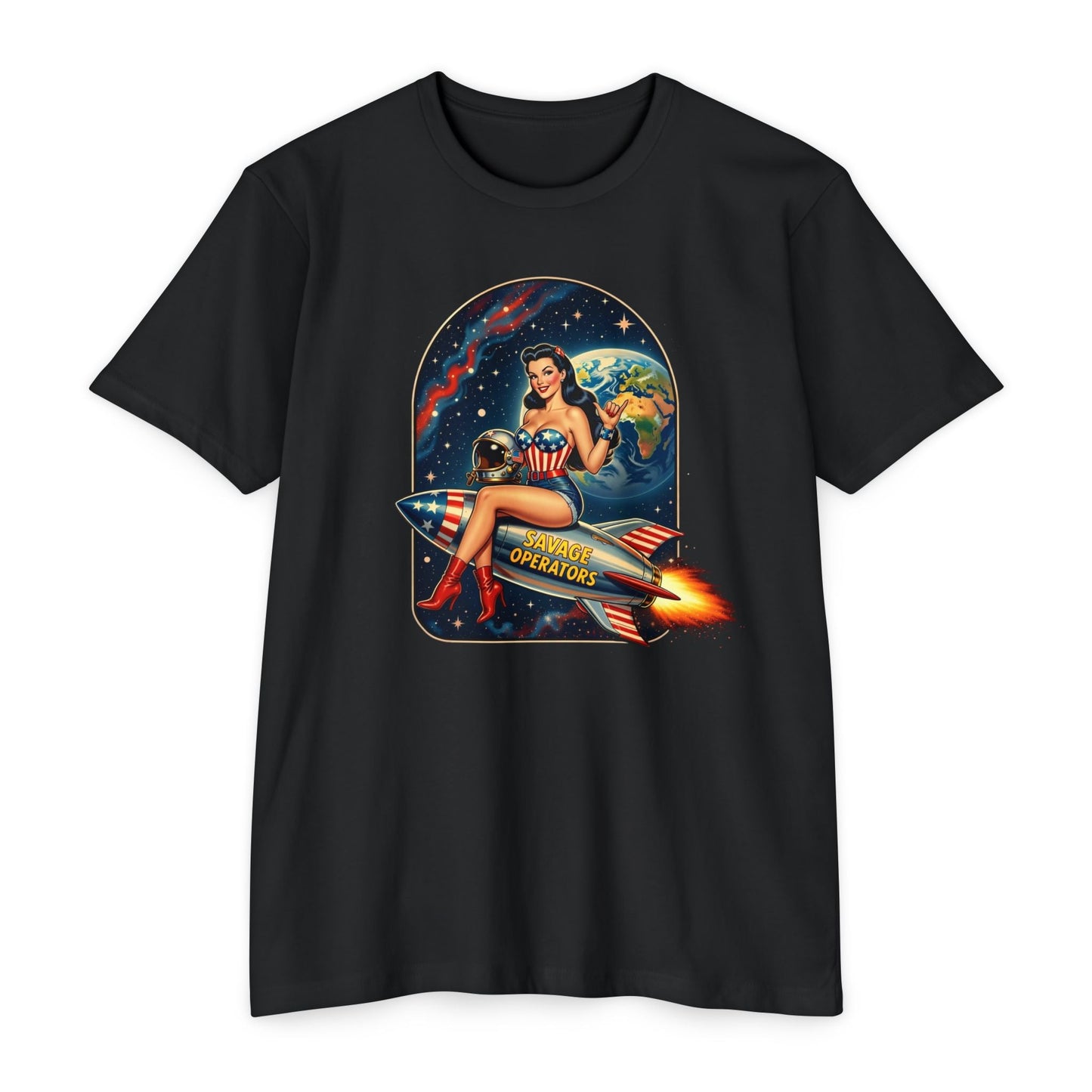 Vintage Space Pin - Up Rocket Shirt | Retro Americana Astronaut Girl Tee | Patriotic Space Art Front Print - Savage Operators Tactical Tee | T-Shirt | Savage Operators Clothing | Patriotic Apparel | Military Humor | High Quality CVC Black