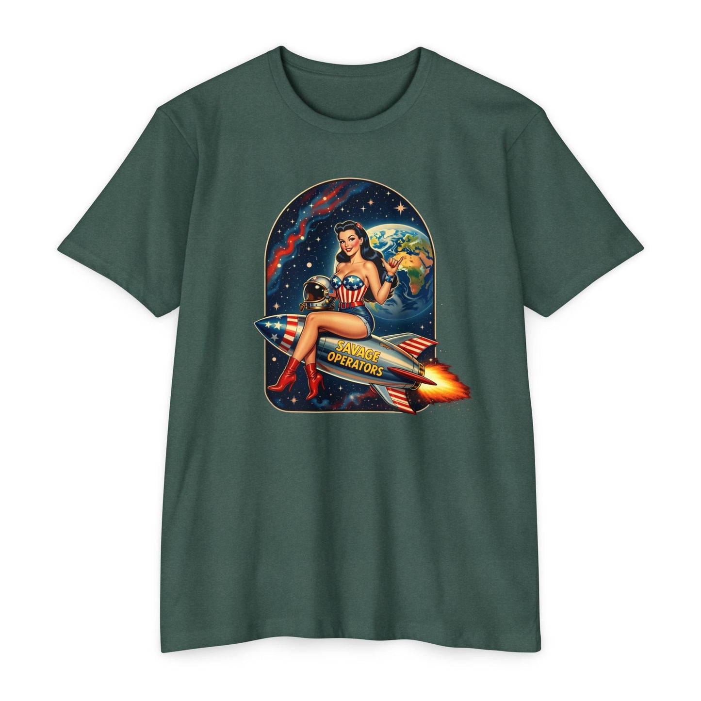 Vintage Space Pin - Up Rocket Shirt | Retro Americana Astronaut Girl Tee | Patriotic Space Art Front Print - Savage Operators Tactical Tee | T-Shirt | Savage Operators Clothing | Patriotic Apparel | Military Humor | High Quality Heather Forest Green
