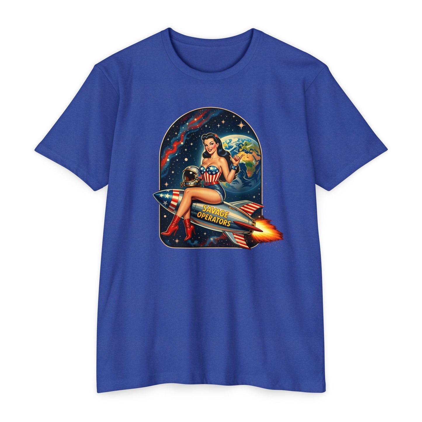 Vintage Space Pin - Up Rocket Shirt | Retro Americana Astronaut Girl Tee | Patriotic Space Art Front Print - Savage Operators Tactical Tee | T-Shirt | Savage Operators Clothing | Patriotic Apparel | Military Humor | High Quality CVC Royal