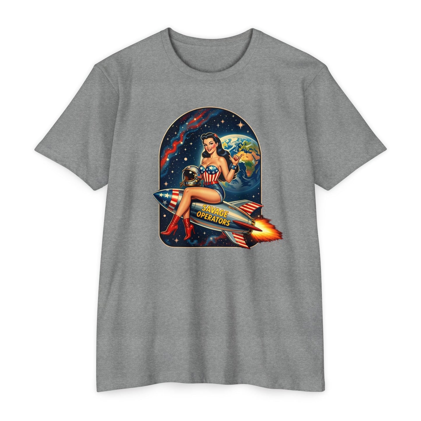 Vintage Space Pin - Up Rocket Shirt | Retro Americana Astronaut Girl Tee | Patriotic Space Art Front Print - Savage Operators Tactical Tee | T-Shirt | Savage Operators Clothing | Patriotic Apparel | Military Humor | High Quality Dark Heather Grey