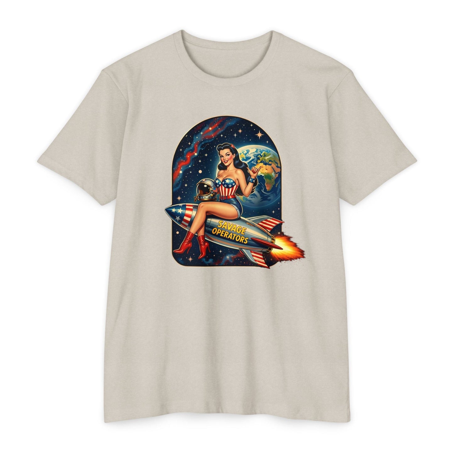 Vintage Space Pin - Up Rocket Shirt | Retro Americana Astronaut Girl Tee | Patriotic Space Art Front Print - Savage Operators Tactical Tee | T-Shirt | Savage Operators Clothing | Patriotic Apparel | Military Humor | High Quality CVC Sand