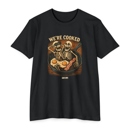 We’re Cooked – Skeleton Skillet Tee | Savage Operators - Savage Operators Tactical Tee | T-Shirt | Savage Operators Clothing | Patriotic Apparel | Military Humor | High Quality CVC Black